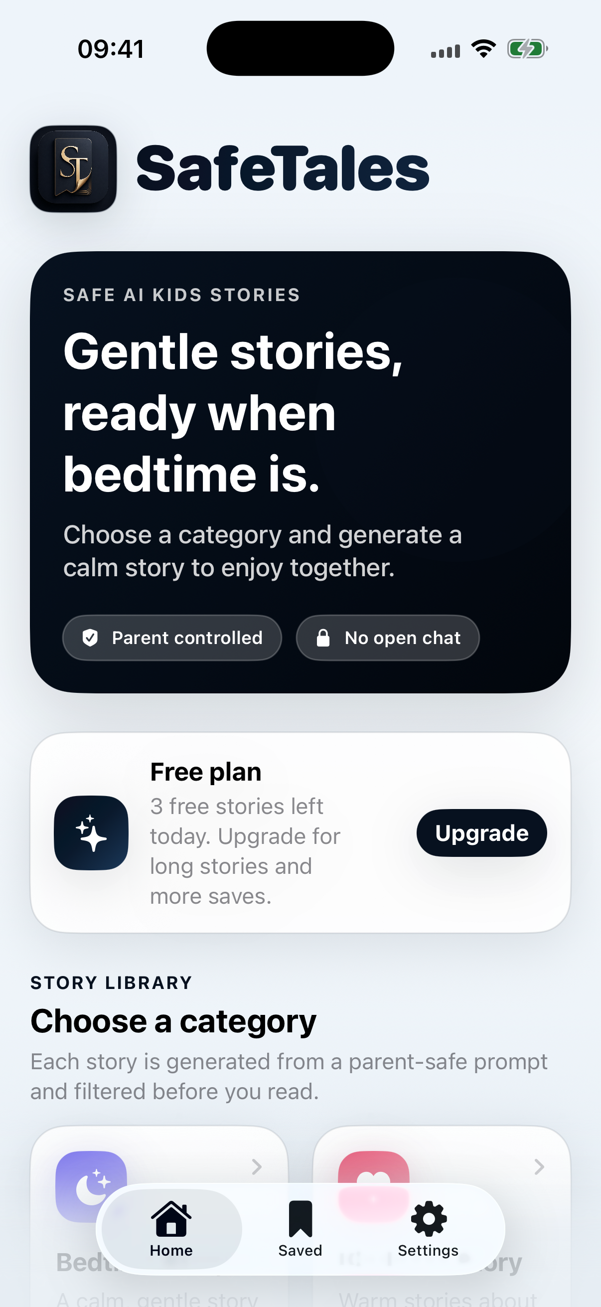SafeTales app home dashboard showing story categories and the free plan status
